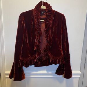 Whimsigoth Velvet Ruffle Blazer Burgundy Bell Sleeve Romantic Goth Jacket 148 NY